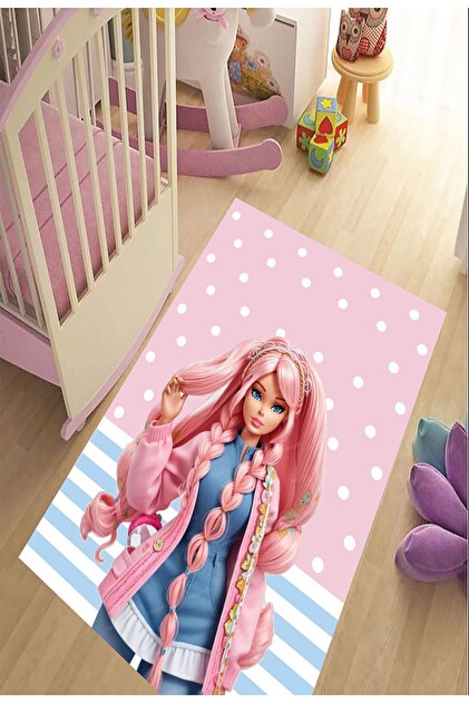 Barbie Desen Çocuk Halısı, Oyun Halısı, Çocuk Halısı, Kaymaz Taban, Yıkanabilir, Leke Tutmaz