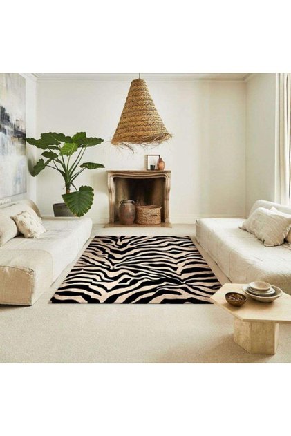 Siyah Kahve Zebra Desenli Yıkanabilir Dot Taban Salon Halısı Mutfak Halısı Saçaksız