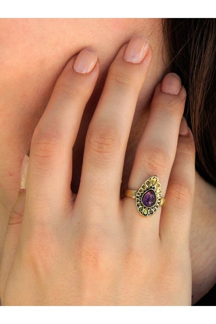 Natural Stone Embellished Antique Teardrop Model Adjustable Women's Ring euy33at