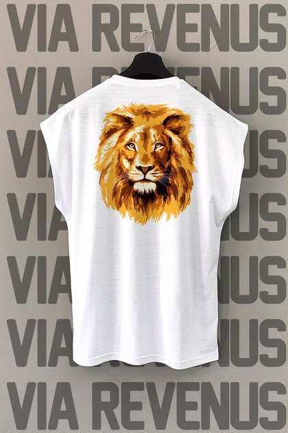 White Sleeveless Sports T-Shirt with Lion Back Print