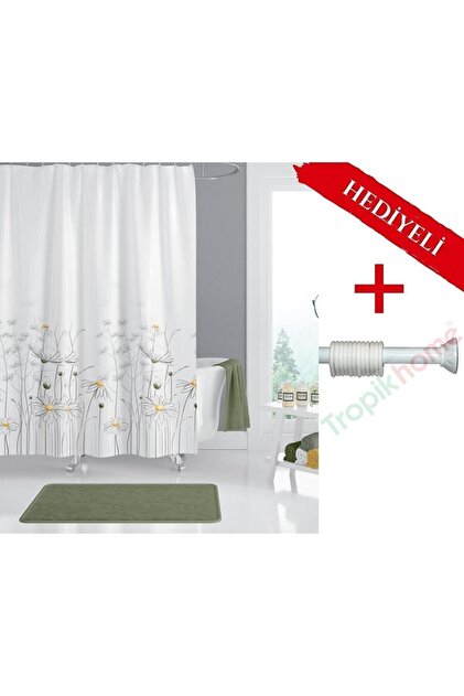 Banyo Perdesi Papatya Çiçek Desen Duş Perdesi, Askı Aparatı Hediyeli 180x200 C Halkalı Duş Perdesi