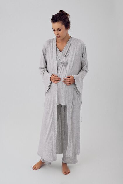 Short Sleeve Stretchy Lycra Viscous Maternity Dressing Gown Pajamas Set