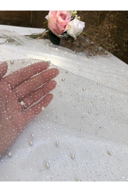 Glitterli Tül Dantel Kumaş İşlemeli İnciler ile Abiye Giyim için, gümüş parıltılı Tül