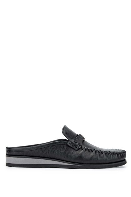 Men's Genuine Leather Black Flat Slippers