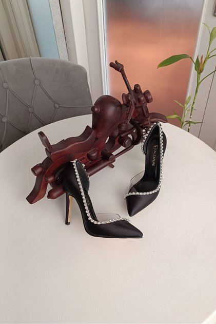 Black Satin Design Side Transparent 11cm Heeled Evening Dress Wedding Dress Women's Shoes with Stone Accessories