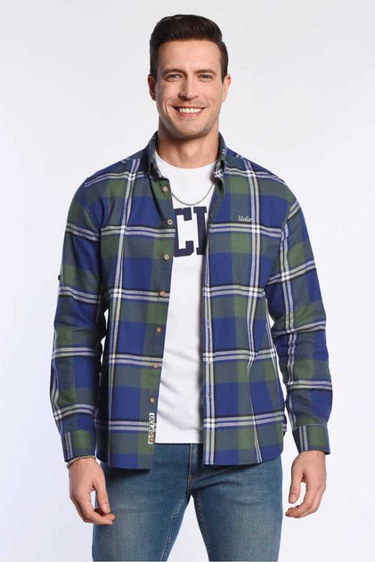 Lark Dark Navy Embroidered Plaid Men's Shirt