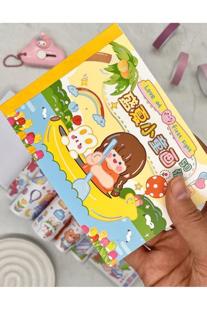Kawaii 50 Yaprak Sevimli Kız ve Arkadaşları Sarı Defter Sticker/Çıkartma / Bullet Journal/ Scrapbook