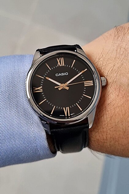 Casio Siyah Deri Kayışlı Siyah Kadran Rose Detaylı Erkek Kol Saati