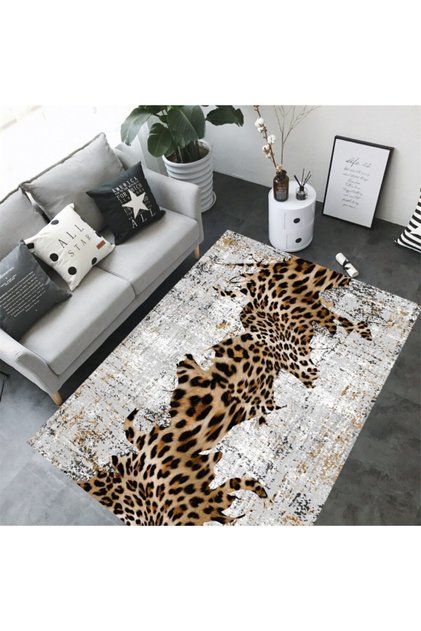 Leopar Desenli Makinede Yıkanabilir Dot Taban Salon Halısı Mutfak Halısı Koridor Halısı Saçaksız