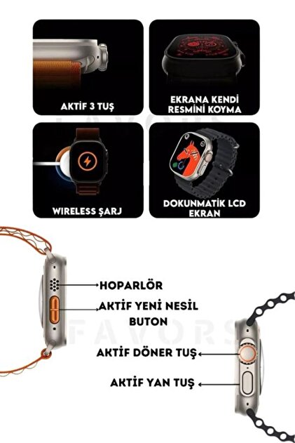 Favors Watch 8 Ultra Siyah Akıllı Saat Arama Yapma, Sensörlü, Spor