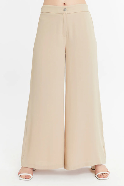 Beige Wide Leg Palazzo Trousers Crepe Fabric Elastic Waist Comfortable Cut Women's