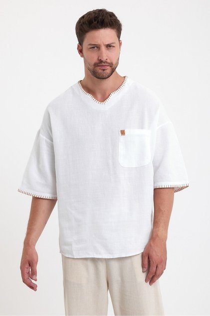 Plusninety Men's Pocketed Shepherd Stitch Oversize Linen Cotton Tshirt Shirt
