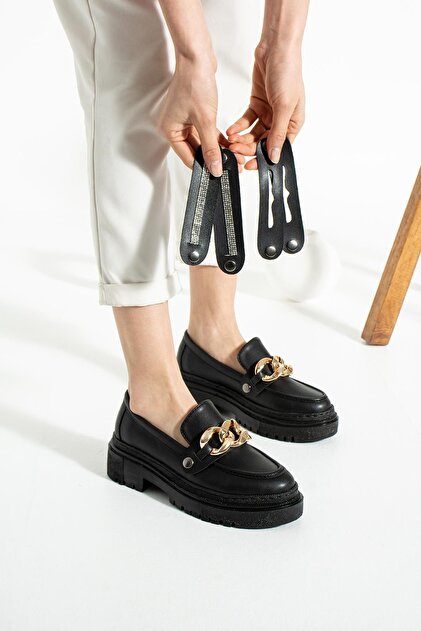 ZENNESHOES Kristen Kadın Siyah Deri Zincirli Loafer Ayakkabı