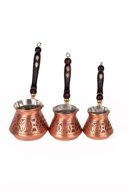 Gaziantep Copper Turkish Coffee Pot with Hand-Heavy Embroidered Mother-Of-Pearl Handle, for 6 People (Large Size)