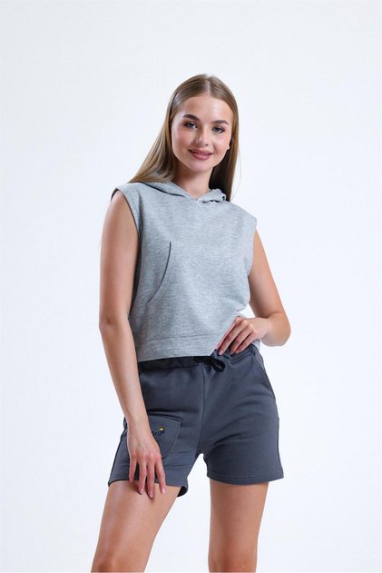 Gray Melange Sleeveless Hooded Crop Athlete T-Shirt
