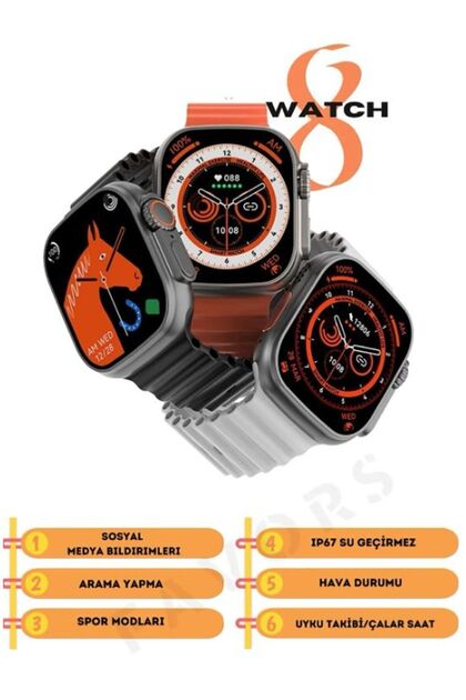 Favors Watch 8 Ultra Siyah Akıllı Saat Arama Yapma, Sensörlü, Spor