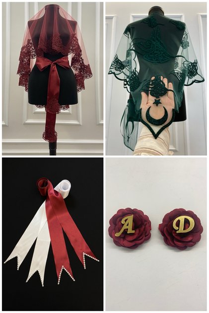 Burgundy Bridal Veil Set, Elegant Lacing, Hand Rose, Groom Shoulder Cover, Jewelry Ribbon, Henna Shawl, 10 Pieces