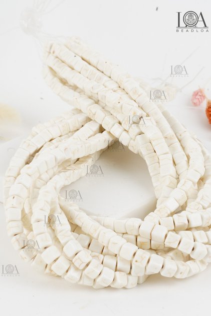 Pressed Natural Stone - Jewelry Accessory - Natural Stone Beads - 8 mm Square Cube Off-White - 30 Pieces