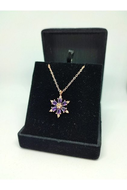 Rose Gold Zincir Kaplama Mor Zirkon Taşlı Kamelya Çiçeği Kadın Kolye