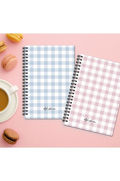 2-Piece Checked Notebook Set, 13 x 20cm, 56 Sheets, Cardboard Cover, Spiral Notebook, Blue + Pink, Checkered Series