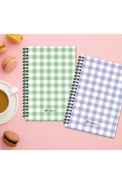 Set of 2 Checkered Notebooks 13 X 20 Cm 56 Sheets Cardboard Cover Spiral Notebook Green+purple Checkered Series