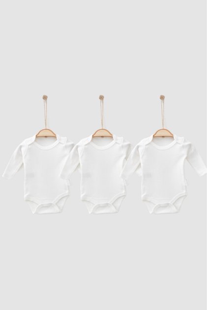 100% Organic Cotton Plain White 3-Piece Athlete Bodysuit - Long Sleeves - Snap Fasteners