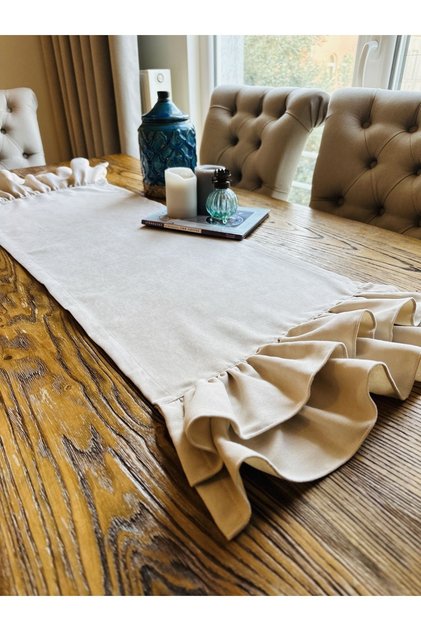 İnci Vintage Velvet Textured Seamless Stone Color Ruffle Runner