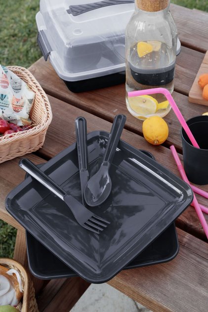32 Parça Plastik Piknik Seti - Antrasit Renk Piknik Seti - Piknik Seti