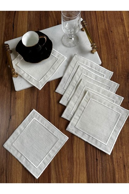 6 Pieces Ecru Embroidered Square Cocktail Serving Napkin Suitable for Etamine Processing