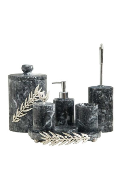 Decorative Gray Marble Silver Olive Branch Detailed 7 Piece Bathroom Set Set