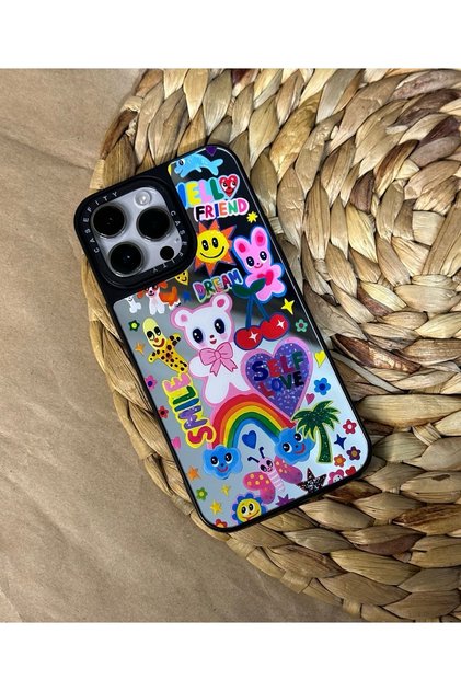 Iphone 12 Pro Max (6.7 inç) Uyumlu Casefity Aynalı Kılıf Sevimli Gökkuşağı Desenli Premıum Kapak