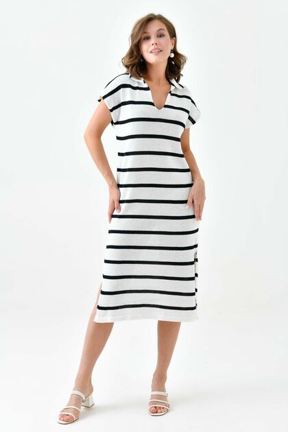 Women's Acrylic Fabric Shirt Collar Batwing Sleeve Sleeve Slit Detail Midi Dress 10097