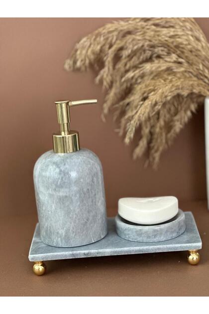 Decorative Natural Gray Marbroom Accessory 3 Pieces Marbroom Bathroom Set / Marbroom Bathroom Set