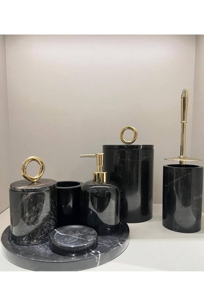 Decorative Black Marbroom Accessory Detailed 7-Piece Bathroom Set / Marbroom Bathroom Set