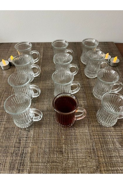 12 adet Cam Çay Bardağı kulplu Çay Fincanı Kulplu Çay Fincan Bardak 12 li 130 ml