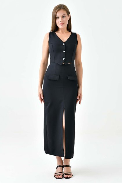 Bottom-Top Two-Piece Look Slit Detailed Midi Length One-Piece Black Dress 1866