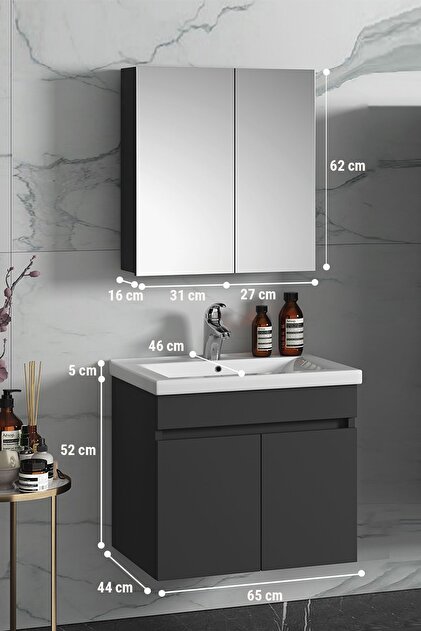 ÖZCEDEN Çiğdem 65 cm Antrasit Gri Mat MDF Seramik Lavabolu Asma