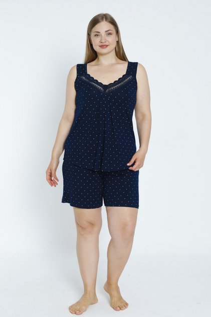 Women's Polka Dot Navy Blue Large Size Bottom Top Flexible Viscose Nightgown Set