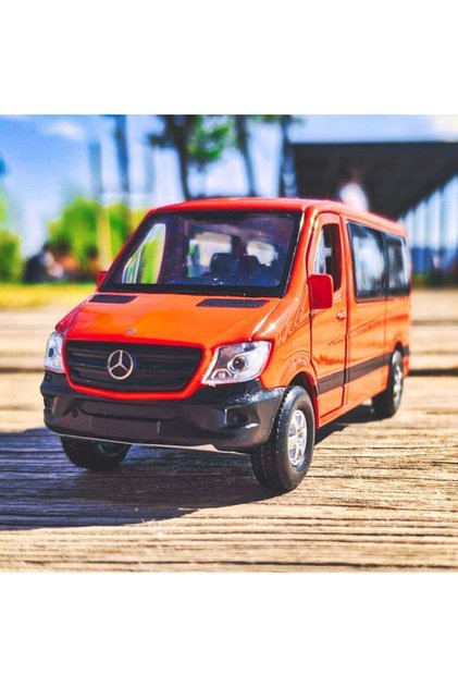 1:38 Mercedes Sprinter Bus Pull Drop Minibus with Front Doors Openable Red Color