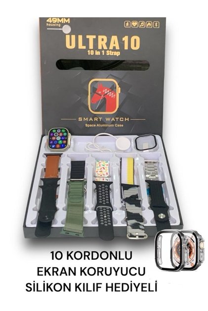 Smart Watch 8 Ultra 49 Mm 10 In 1 Akıllı Saat 10 Kordonlu Takvim Spor Whatsapp Menülü Koruma Kılıflı