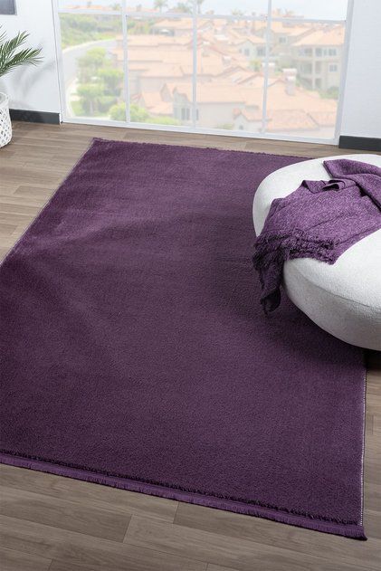 Puffy Lila Düz Saçaklı Peluş Yumuşacık Yıkanabilir Kaymaz Taban Halı Salon Oturma Odası Koridor