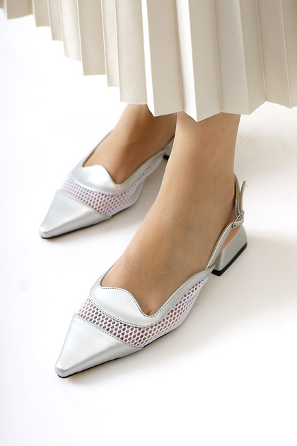 Thamara Silver Patent Leather Pointed Toe Mesh Detailed Short Heeled Women's Shoes