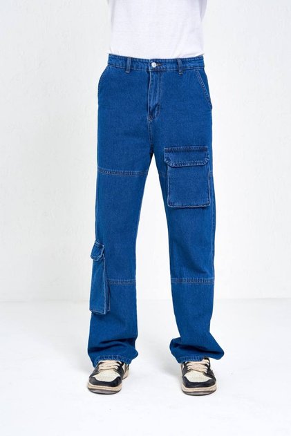 Blue Pocket Detail Denim Cargo Jeans Trousers
