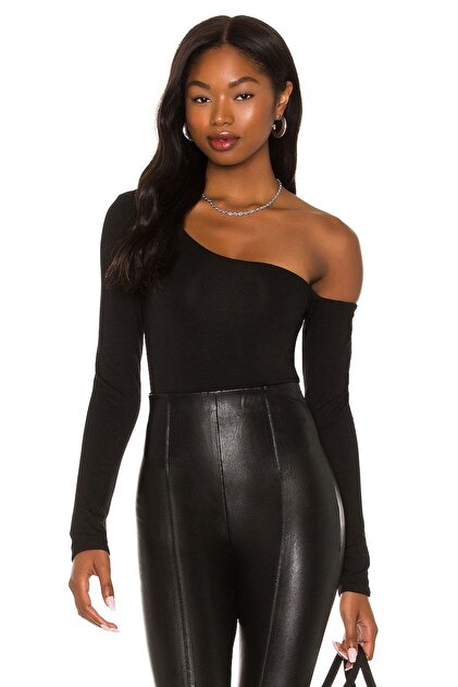 Kadın Siyah Uzun Kol Asimetrik Kesim Jarse Bodysuit