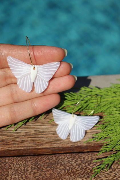 Custom Designed White Butterfly Polymer Clay Earrings Sheer Butterfly