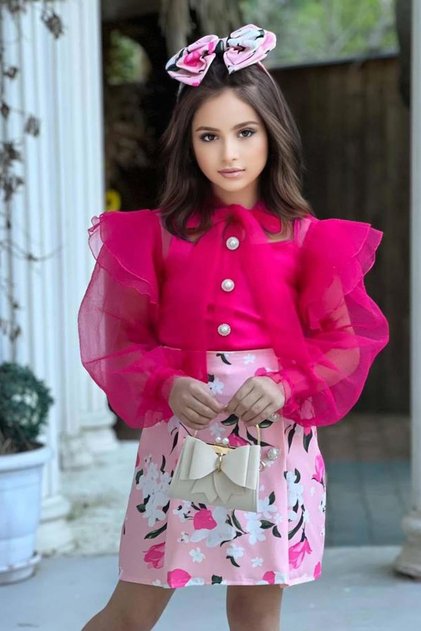 Girl's Buttoned Fuchsia Skirt Suit with Transparent Detail