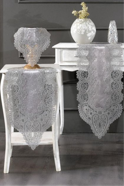 French Laced Velvet Luna Living Room Set 5 Pieces Gray