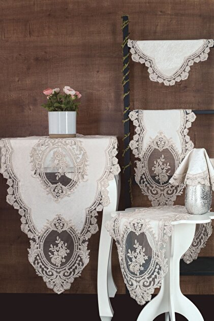 Kösem Velvet Living Room Set 5 Pieces - Cream