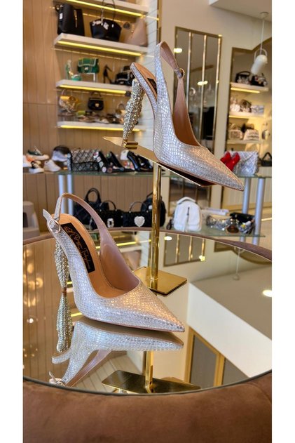 Duygu Leather Women's Shoes - Imported Crystal Heel and Glitter Detail