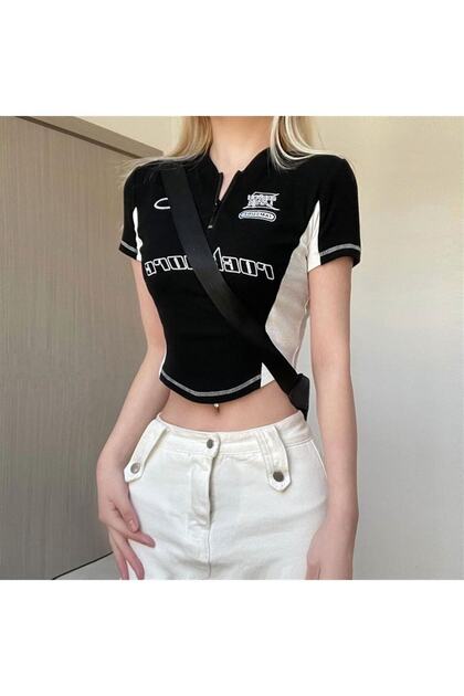 トップス 00s archives Zip design polo shirts y2k Touz Y2k Rock More Zip Fermuarlı Siyah Crop - Fiyatı, Yorumları